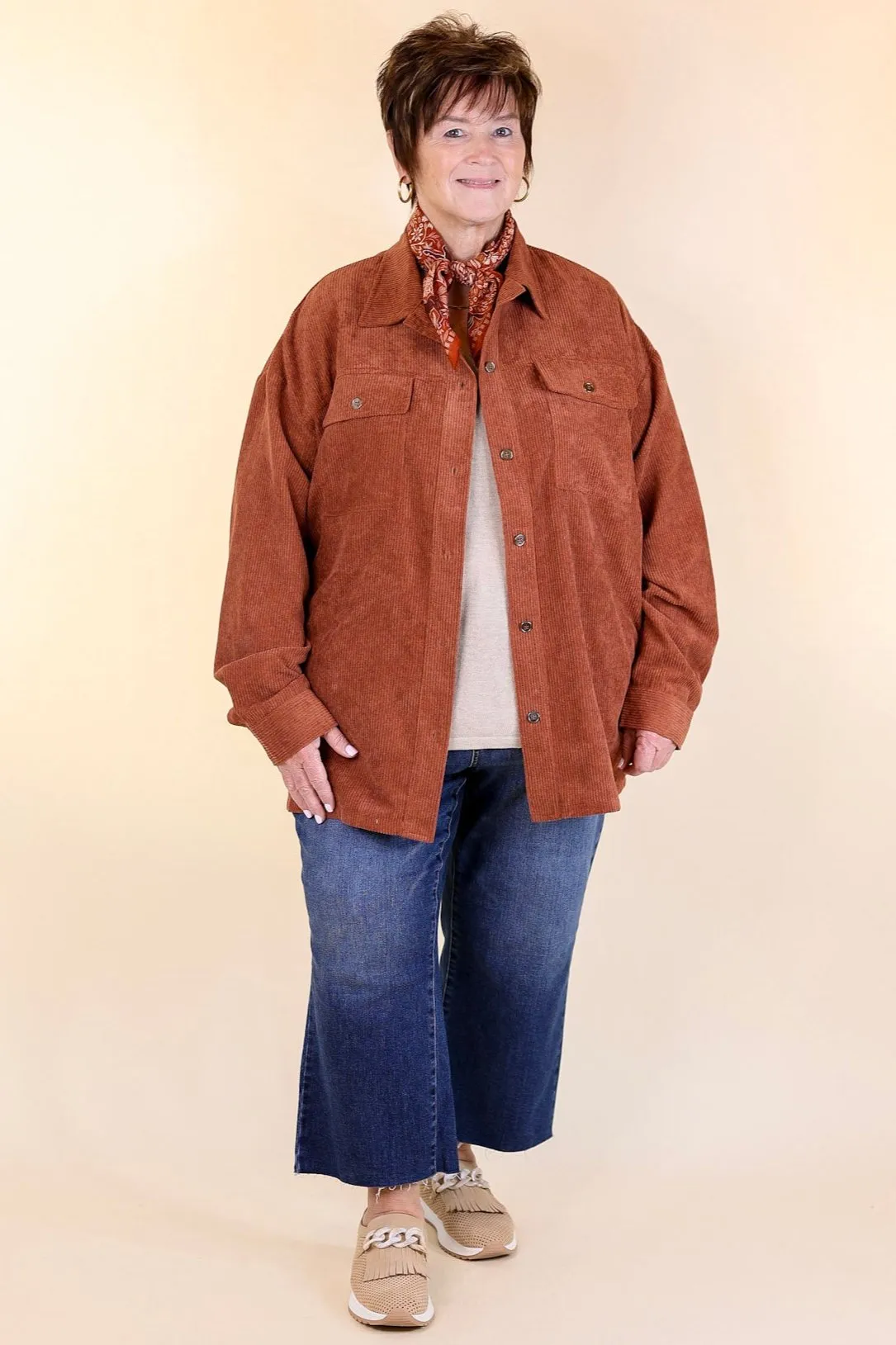 Latte Sips Button Up Corduroy Shacket in Rust