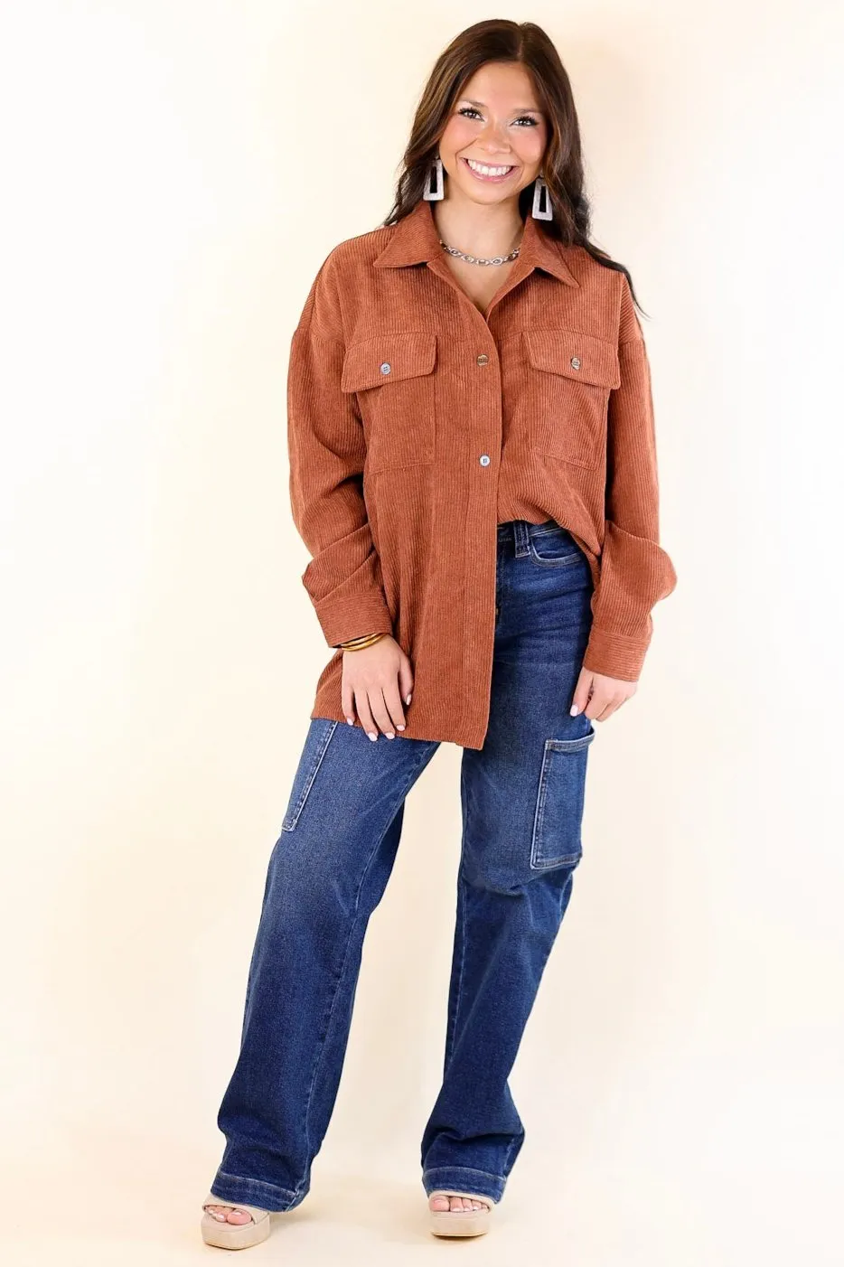 Latte Sips Button Up Corduroy Shacket in Rust