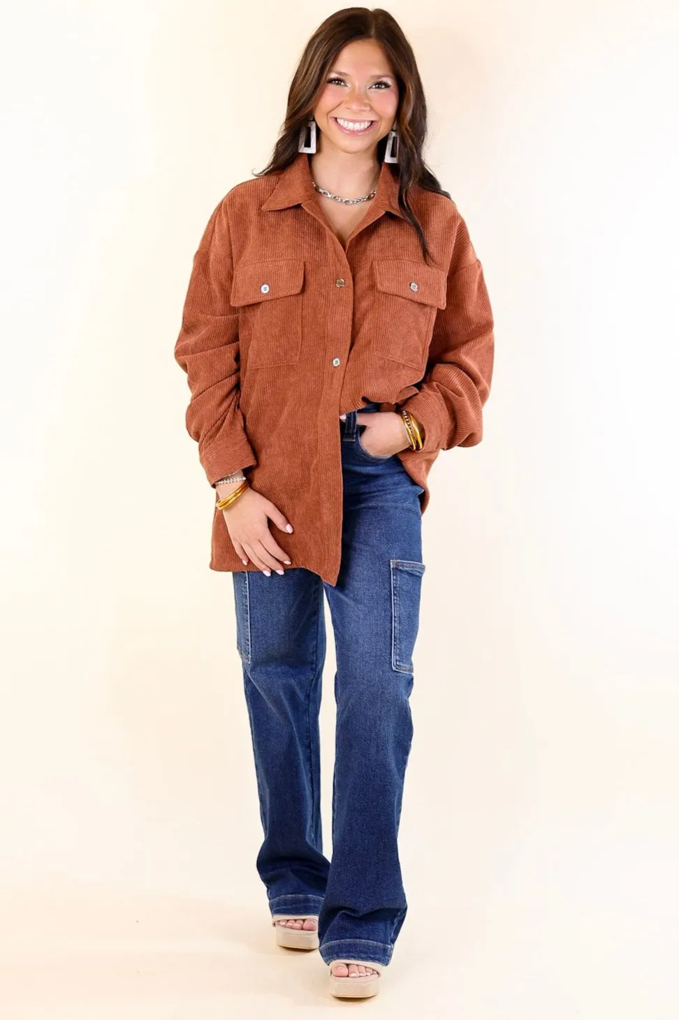 Latte Sips Button Up Corduroy Shacket in Rust