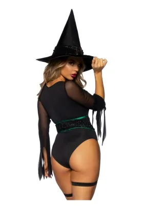 Leg Avenue Broomstick Babe Bodysuit with Lace Up Deep-V and Waist Cincher Buckle Accent, Attached Garters, and Witch Hat