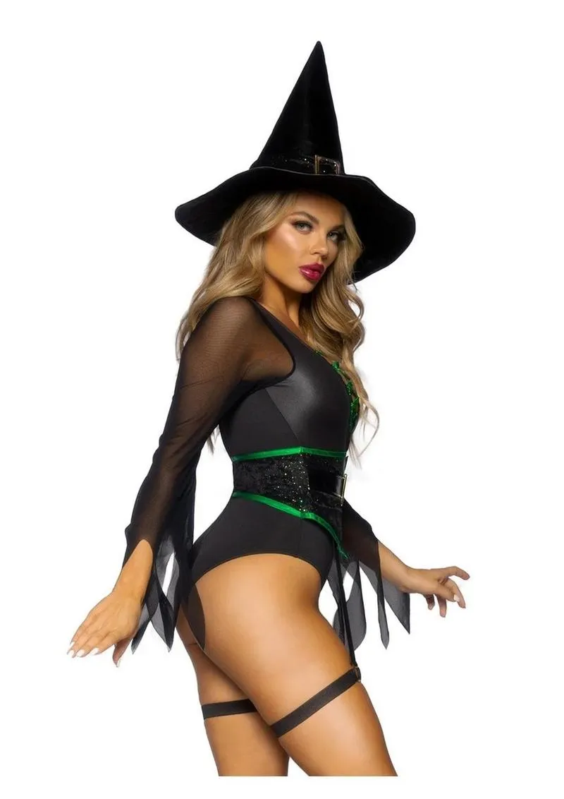 Leg Avenue Broomstick Babe Bodysuit with Lace Up Deep-V and Waist Cincher Buckle Accent, Attached Garters, and Witch Hat