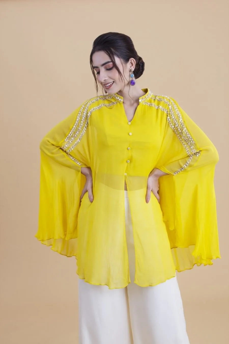 Lemon Yellow Georgette Cape Style Top And Palazzo Set