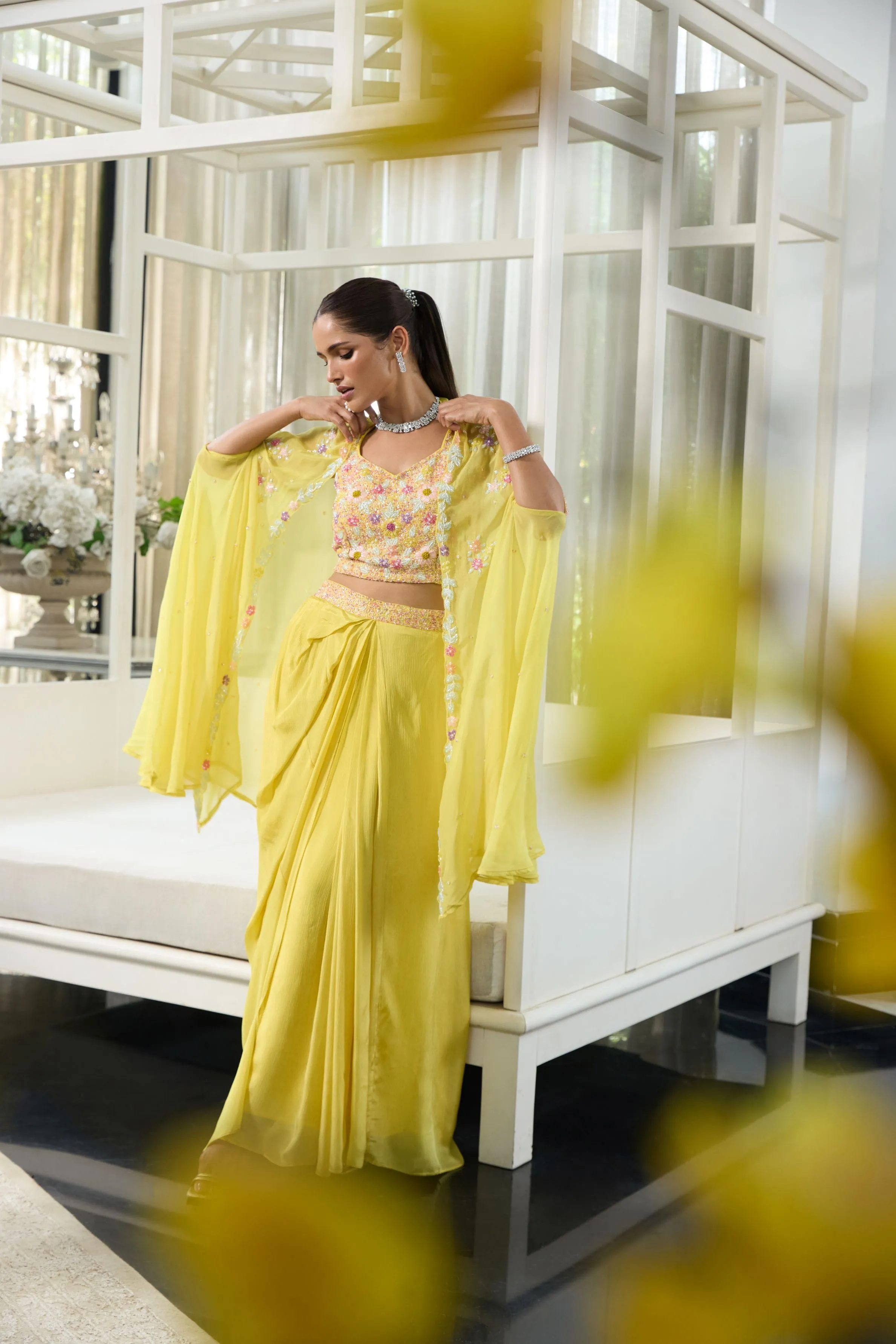 Light Yellow Embroidered Organza Silk Cape Set