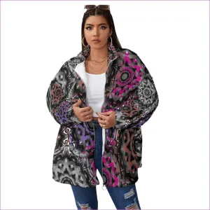 Mandala Graffiti Womens Borg Fleece Stand-up Collar Coat With Zipper Closure (Plus Size)