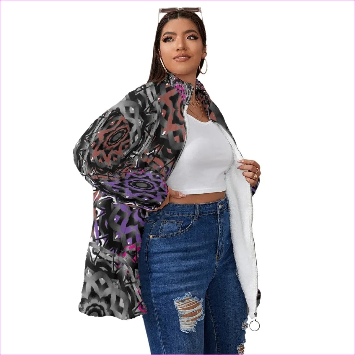 Mandala Graffiti Womens Borg Fleece Stand-up Collar Coat With Zipper Closure (Plus Size)