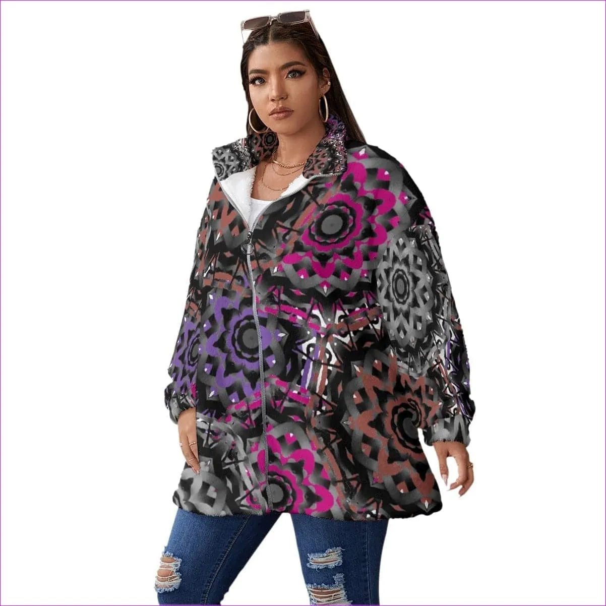 Mandala Graffiti Womens Borg Fleece Stand-up Collar Coat With Zipper Closure (Plus Size)