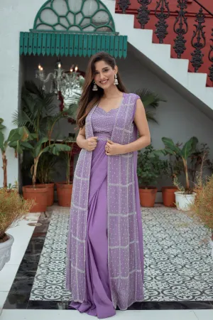 Mauve Embellished Premium Chinon Silk Cape Saree