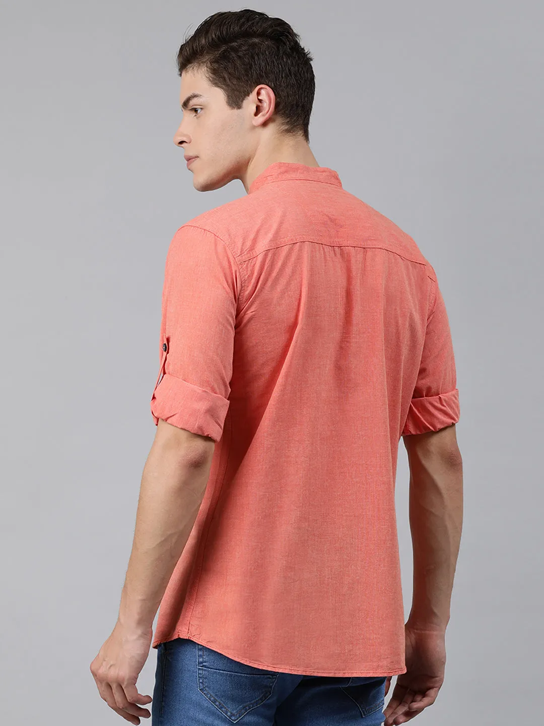 Men Orange Slim Fit Solid Casual Shirt