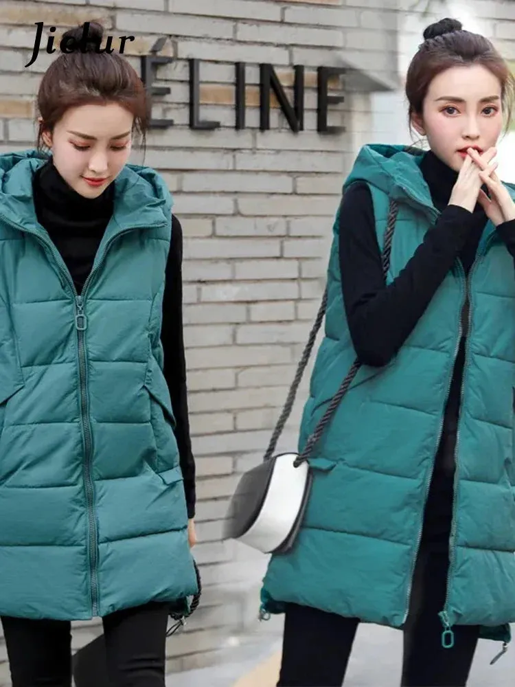 Metaversmall Women's Vest Jacket Down Cotton Vest Winter Jacket Hooded Long Coat Sleeveless Loose Female Waistcoat Snow Wear