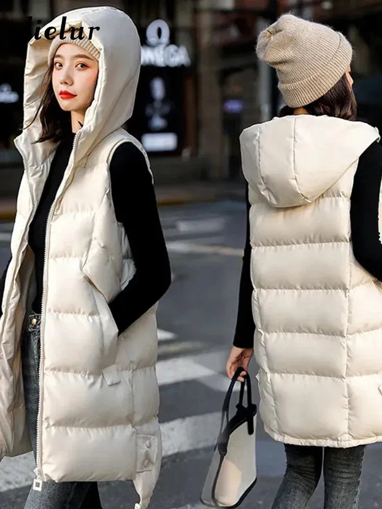 Metaversmall Women's Vest Jacket Down Cotton Vest Winter Jacket Hooded Long Coat Sleeveless Loose Female Waistcoat Snow Wear