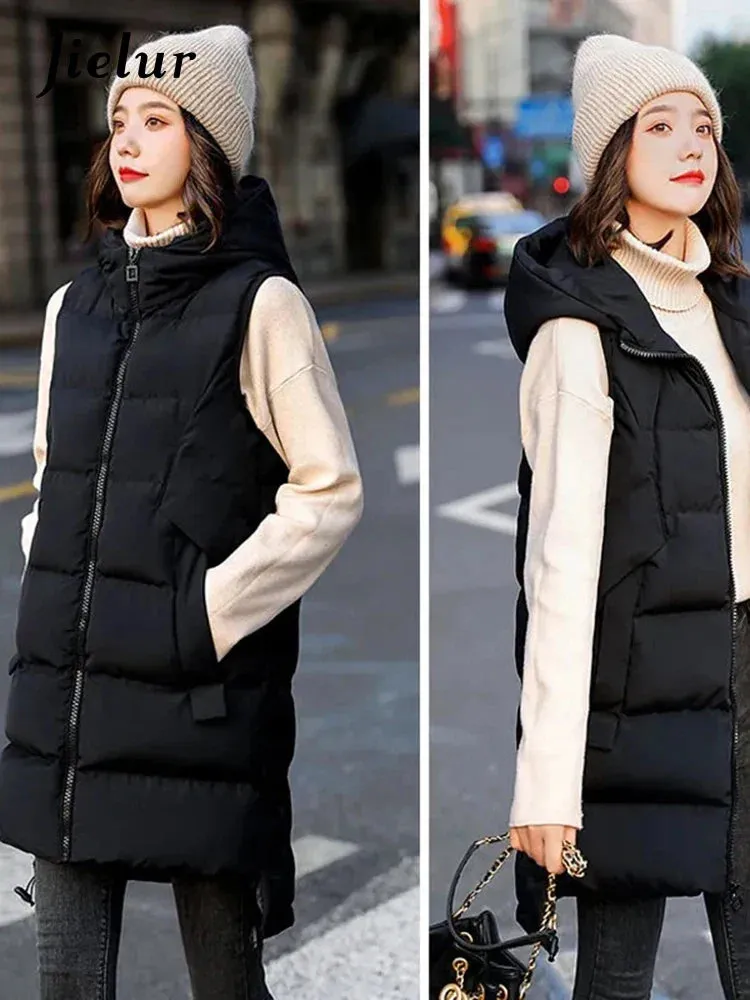 Metaversmall Women's Vest Jacket Down Cotton Vest Winter Jacket Hooded Long Coat Sleeveless Loose Female Waistcoat Snow Wear