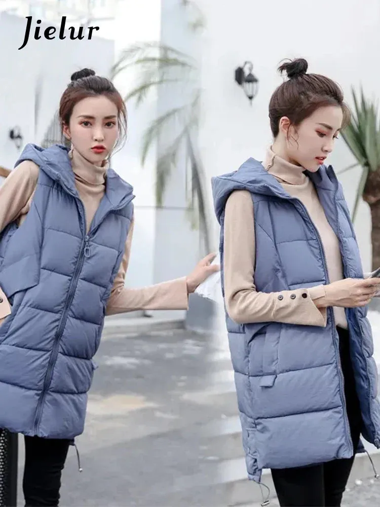 Metaversmall Women's Vest Jacket Down Cotton Vest Winter Jacket Hooded Long Coat Sleeveless Loose Female Waistcoat Snow Wear