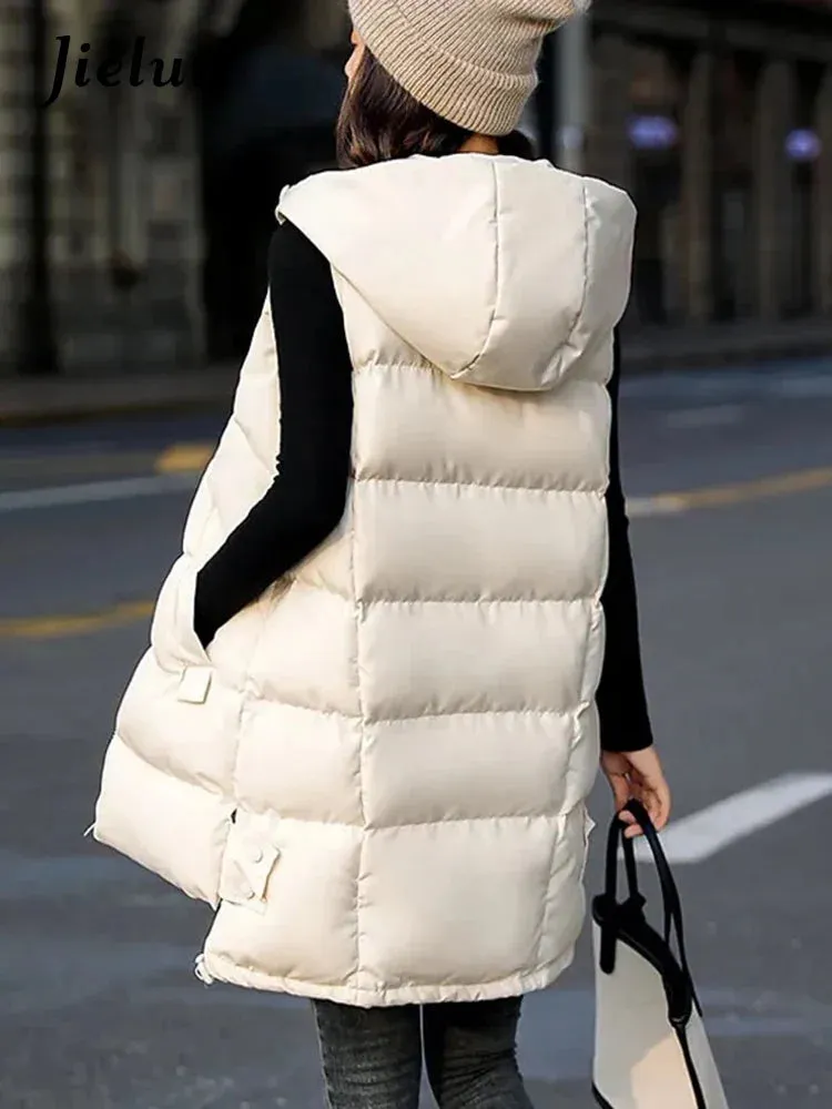 Metaversmall Women's Vest Jacket Down Cotton Vest Winter Jacket Hooded Long Coat Sleeveless Loose Female Waistcoat Snow Wear