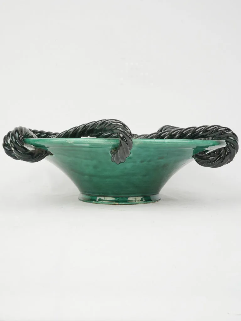 Mid-Century Vallauris Green Glazed Bowl w/ Black Twisted Rope Detail, 15¼"