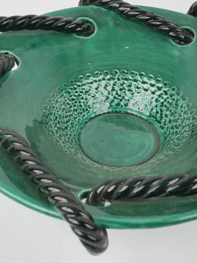 Mid-Century Vallauris Green Glazed Bowl w/ Black Twisted Rope Detail, 15¼"