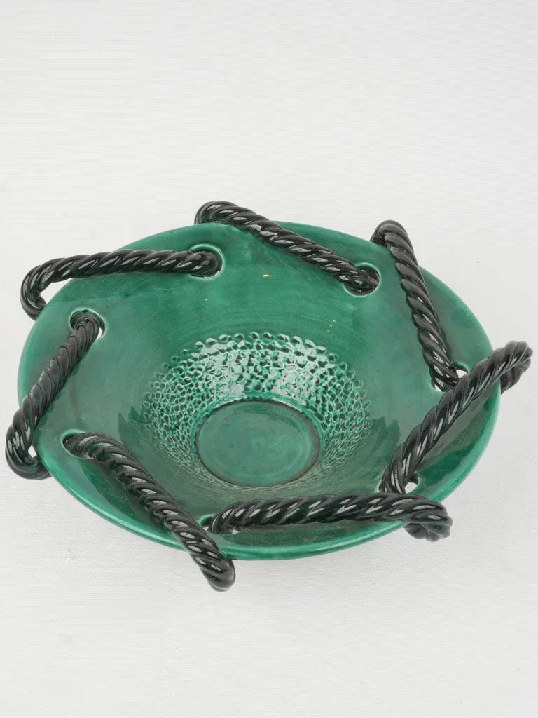 Mid-Century Vallauris Green Glazed Bowl w/ Black Twisted Rope Detail, 15¼"