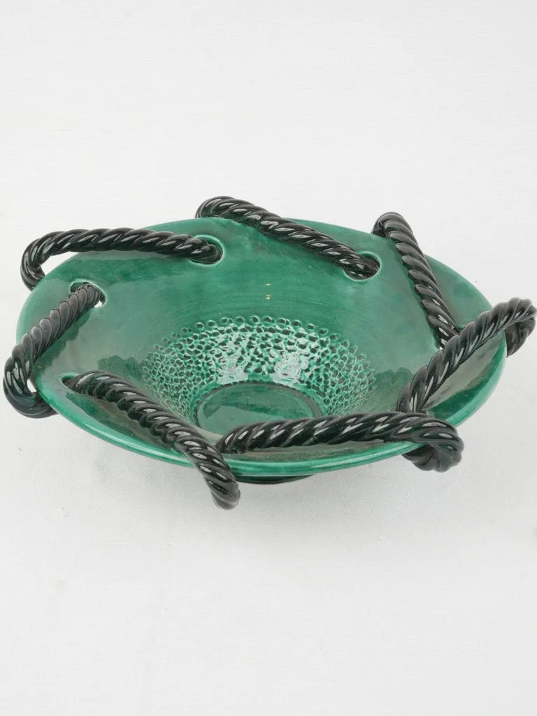 Mid-Century Vallauris Green Glazed Bowl w/ Black Twisted Rope Detail, 15¼"