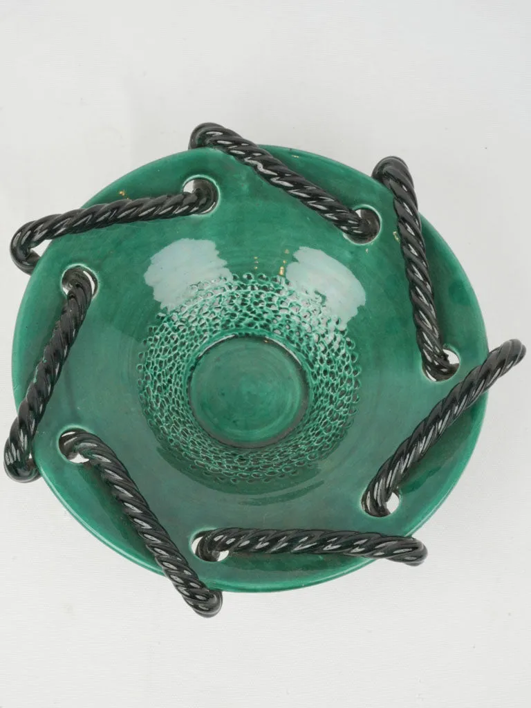 Mid-Century Vallauris Green Glazed Bowl w/ Black Twisted Rope Detail, 15¼"