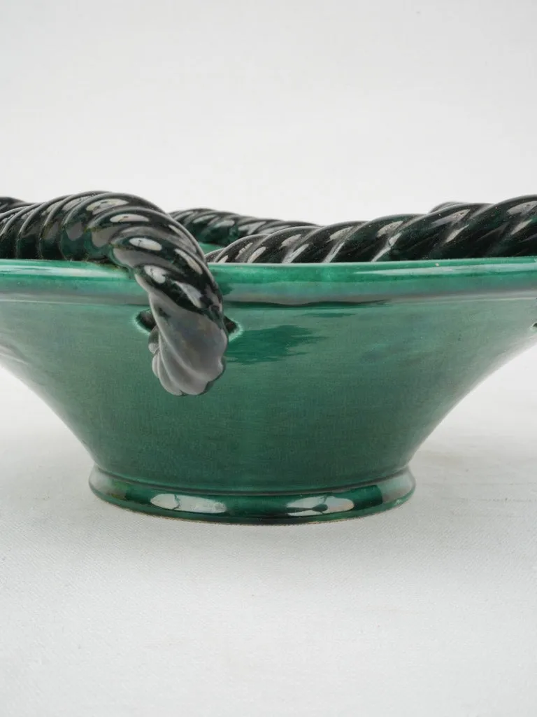 Mid-Century Vallauris Green Glazed Bowl w/ Black Twisted Rope Detail, 15¼"