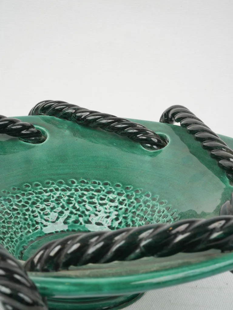 Mid-Century Vallauris Green Glazed Bowl w/ Black Twisted Rope Detail, 15¼"