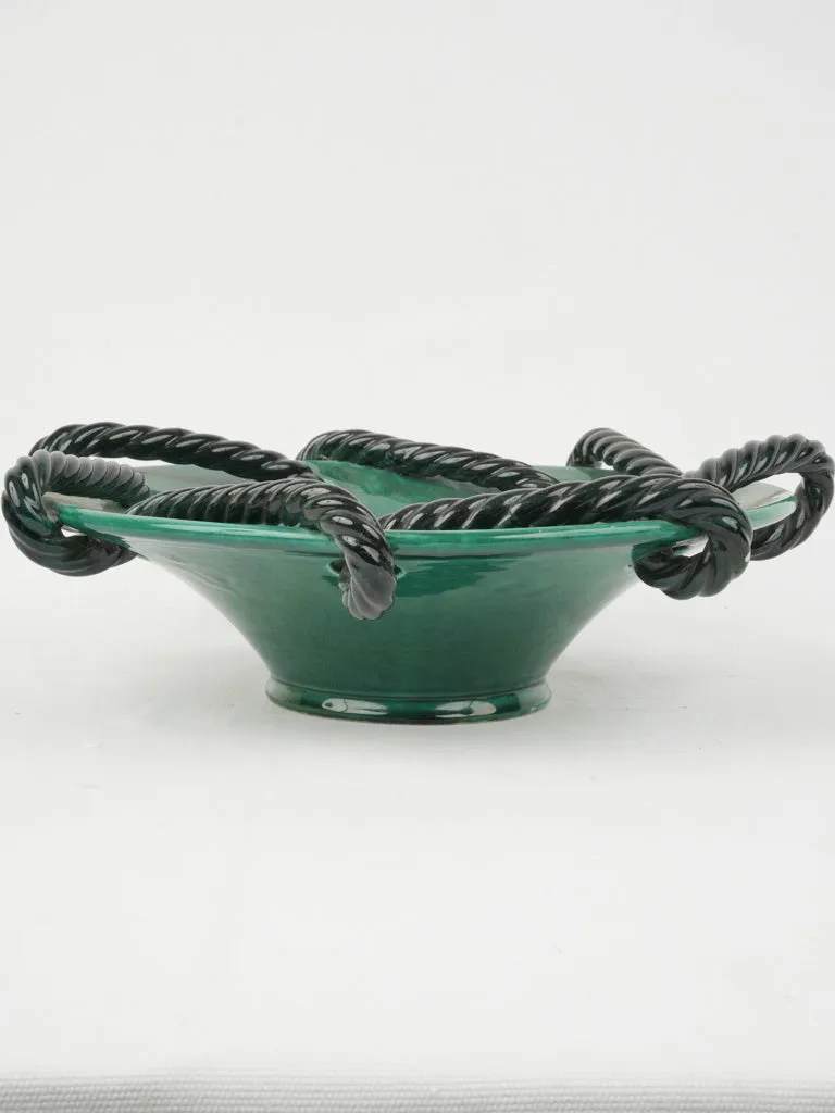 Mid-Century Vallauris Green Glazed Bowl w/ Black Twisted Rope Detail, 15¼"