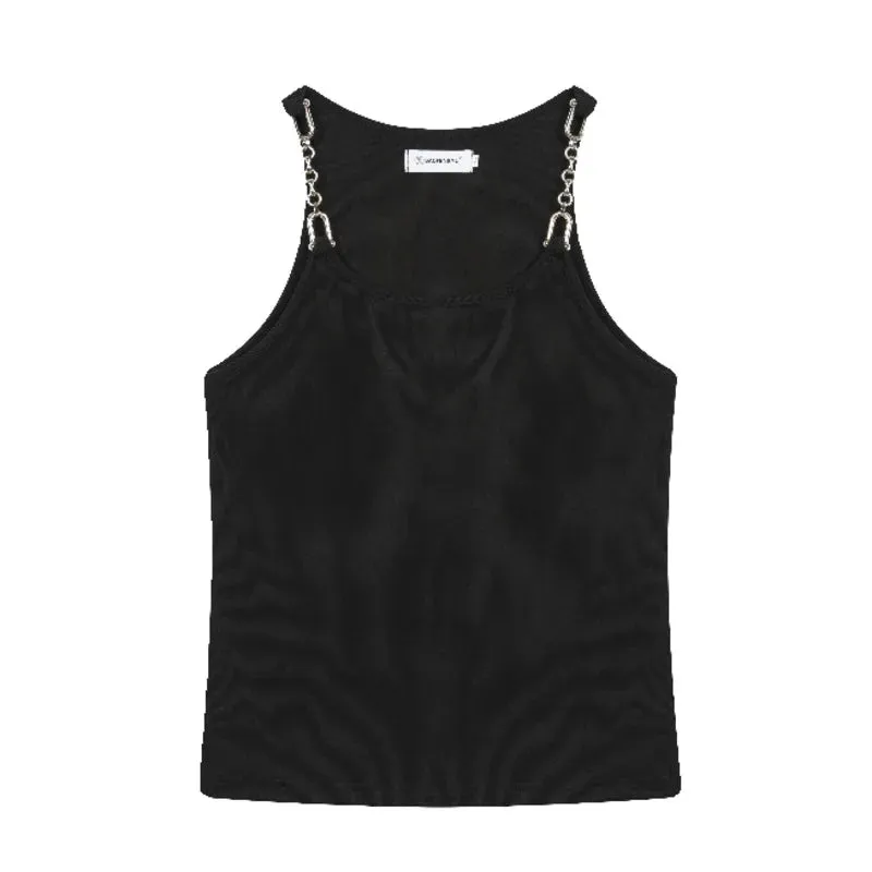 MSpring Summer En Vest New Metal Chain Design Elastic Tight Top Trendy Knitted Shoulder Male Tops Round Neck 9C5086