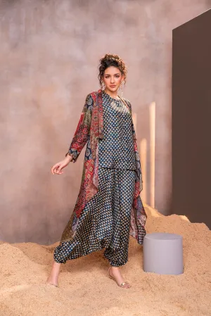 Multicolor Traditional Printed Premium Silk Cape Set