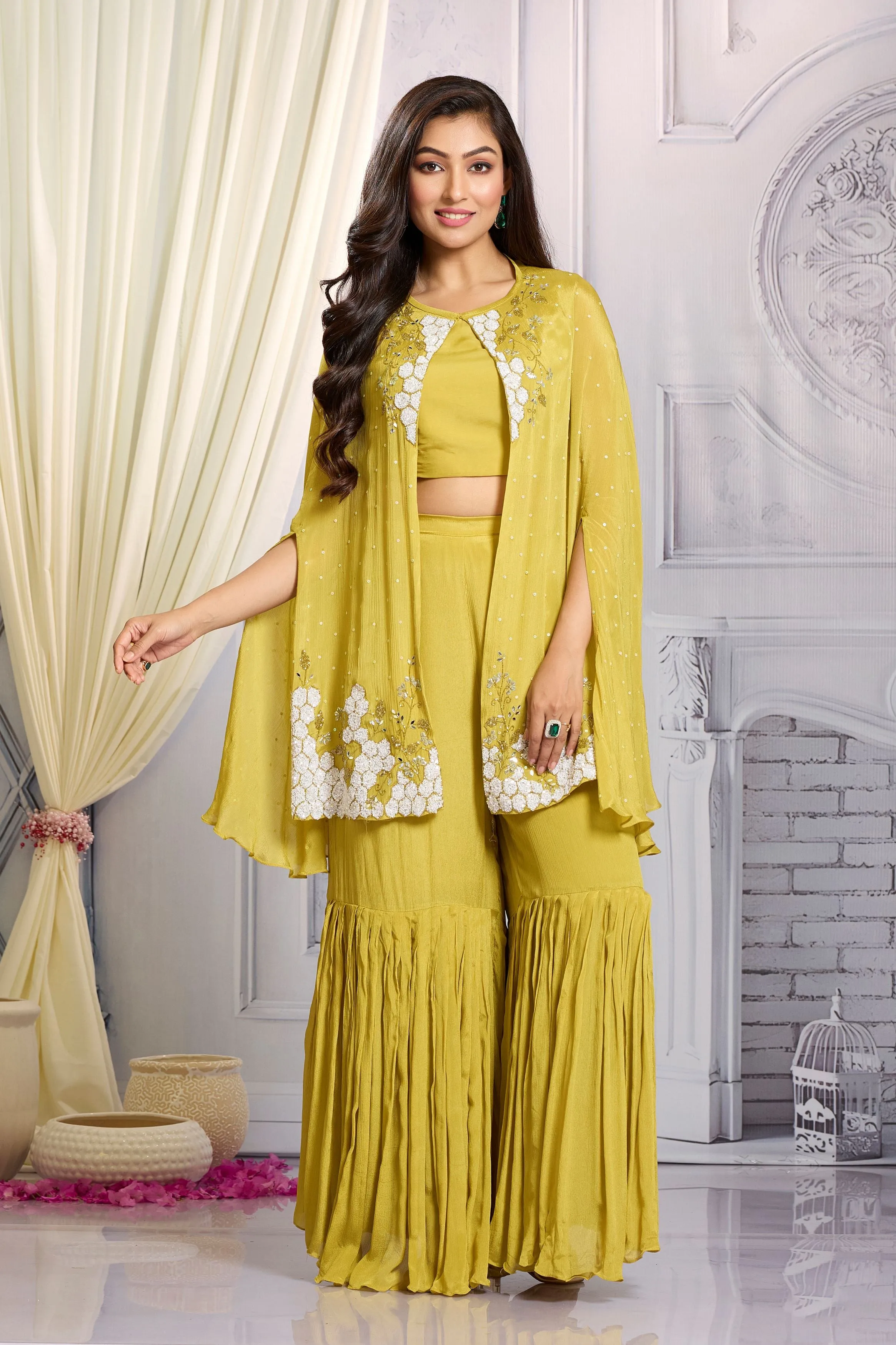 Mustard Embellished Chinon Silk Cape Set