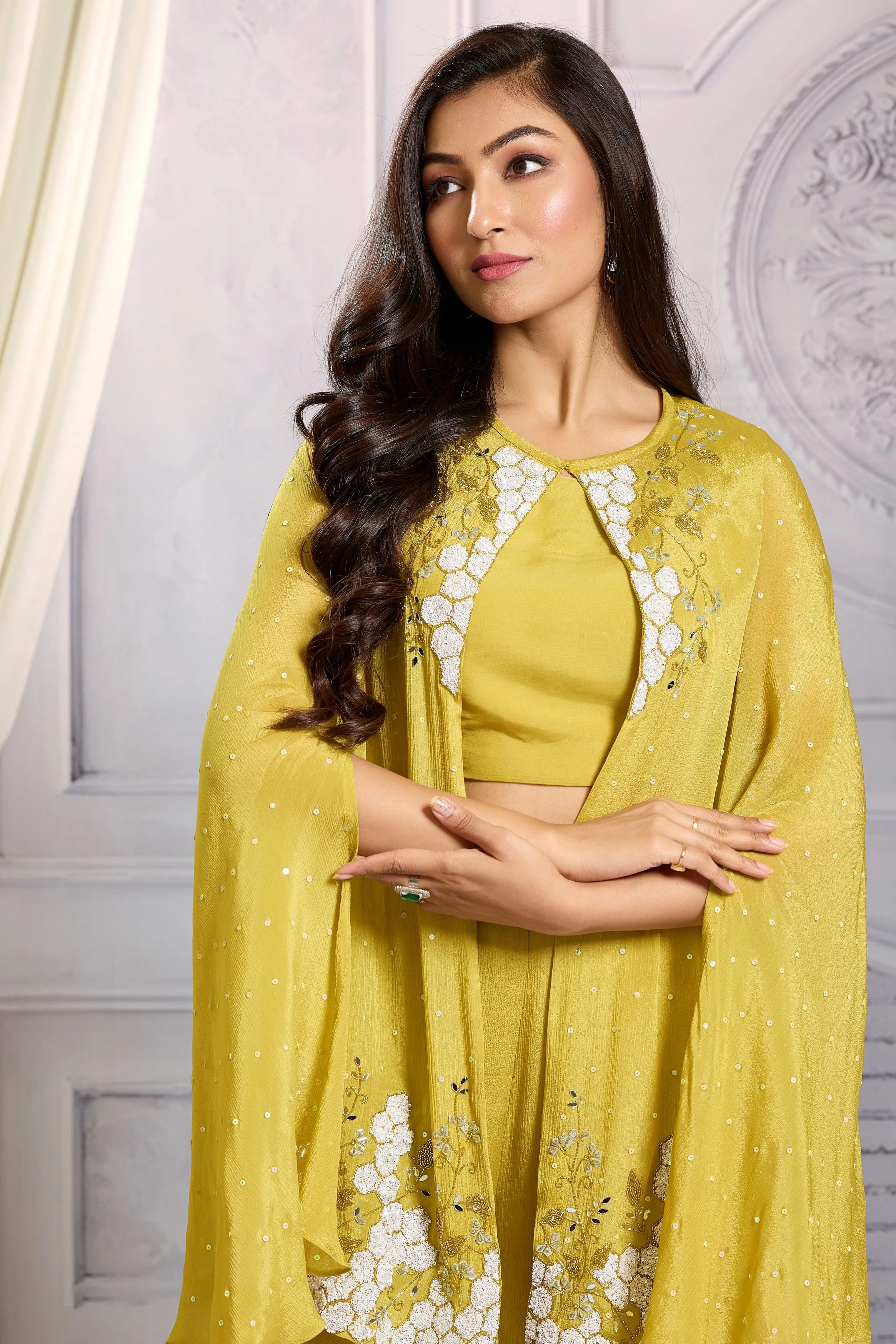 Mustard Embellished Chinon Silk Cape Set