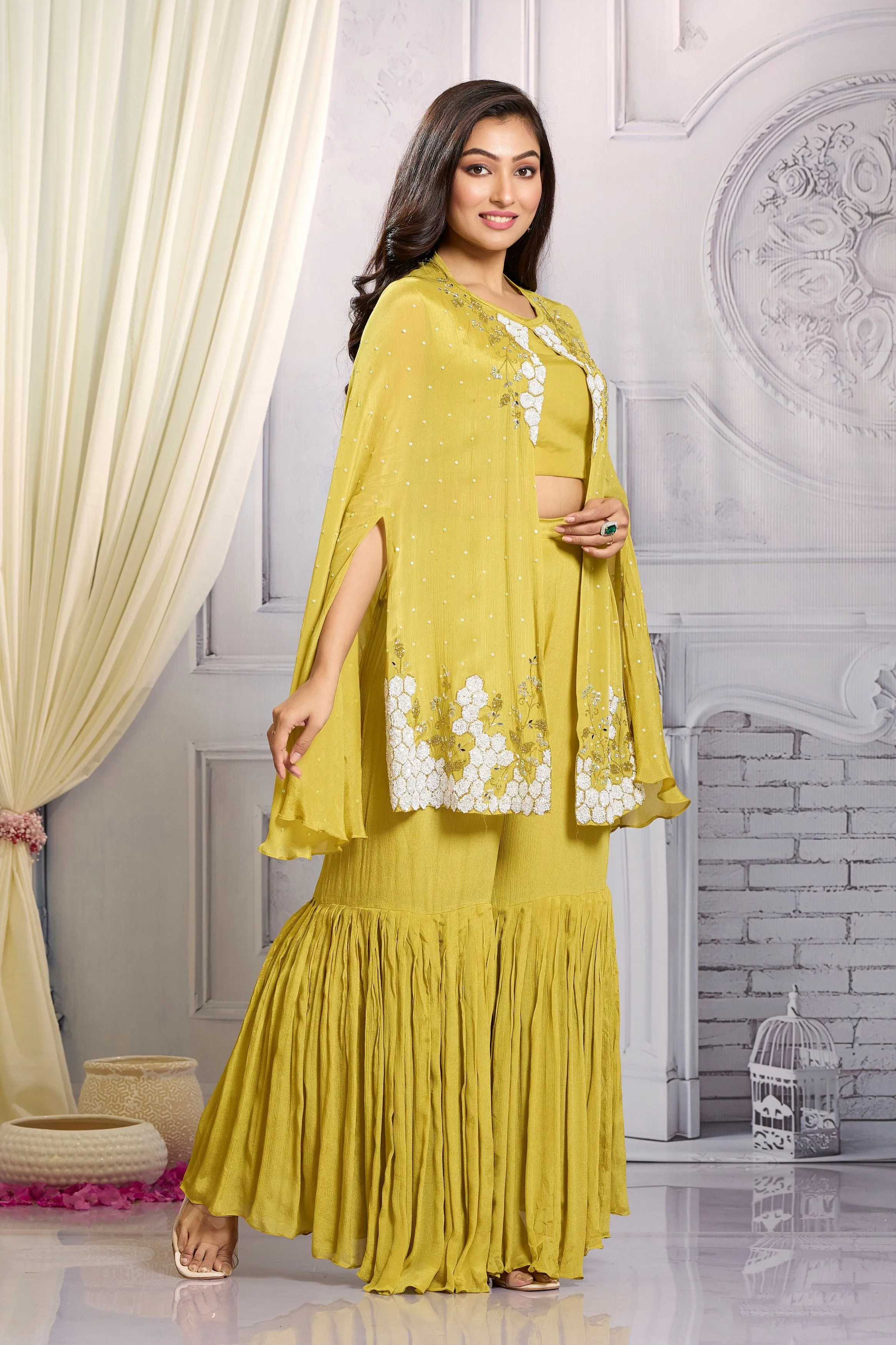 Mustard Embellished Chinon Silk Cape Set