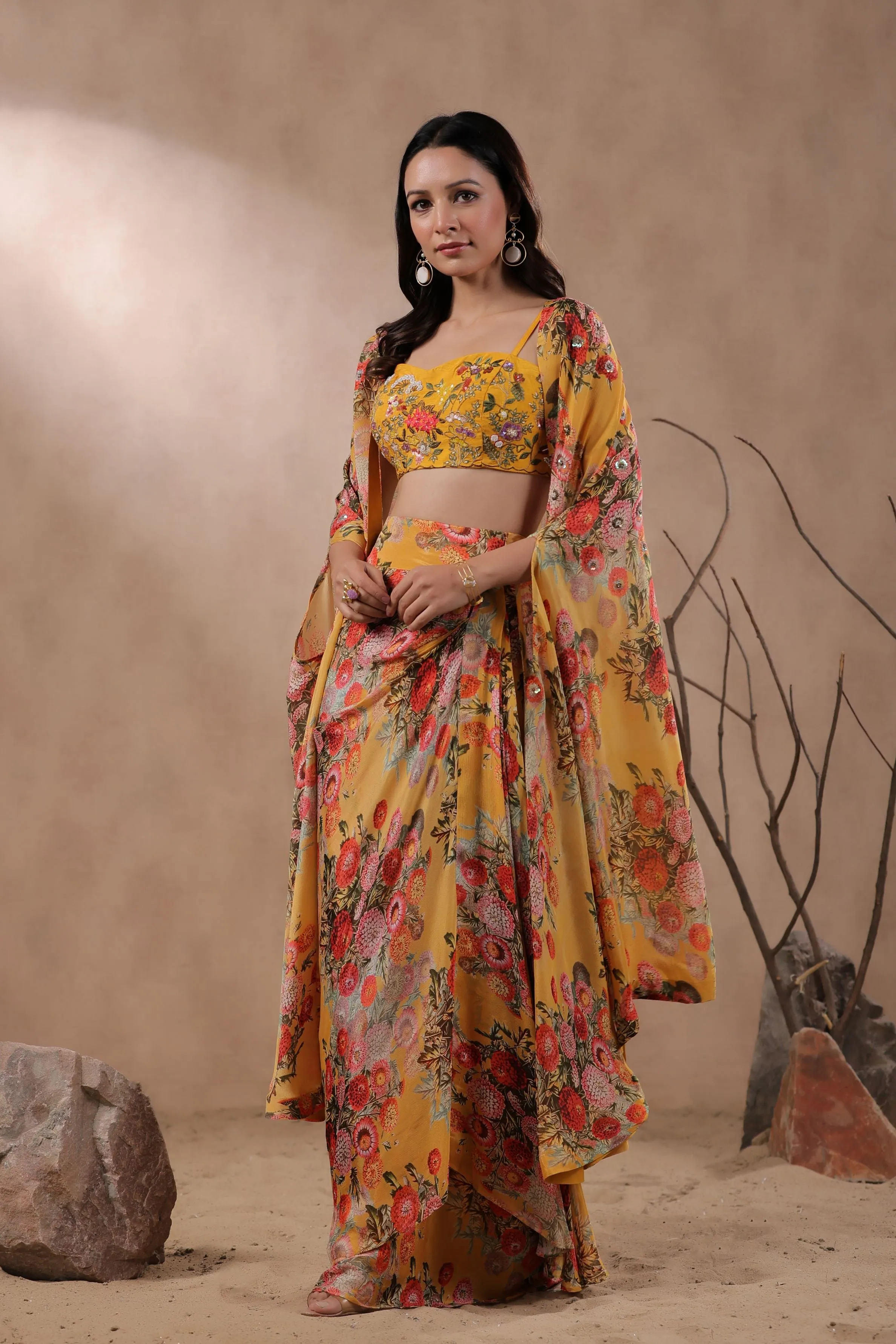 Mustard Floral Printed Organza Silk Cape Set