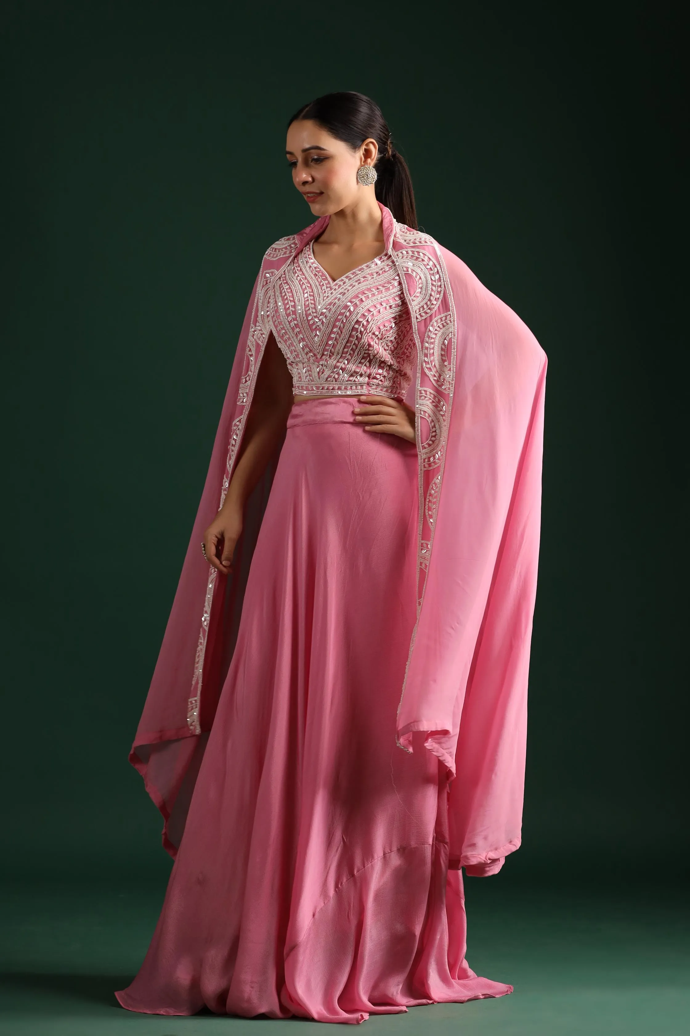 Neon Pink Embellished Cape Set