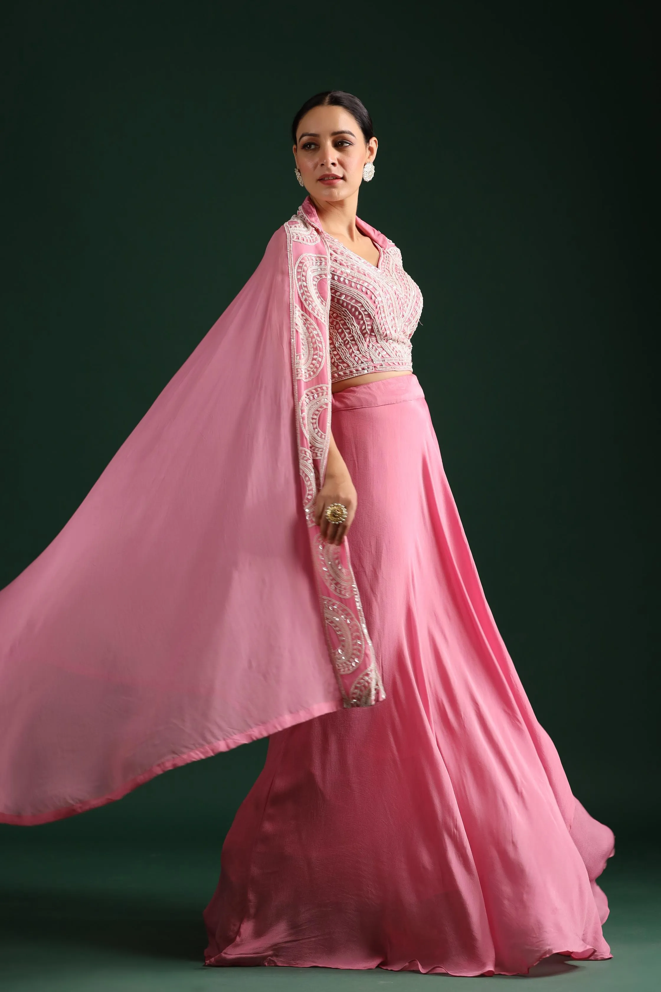 Neon Pink Embellished Cape Set