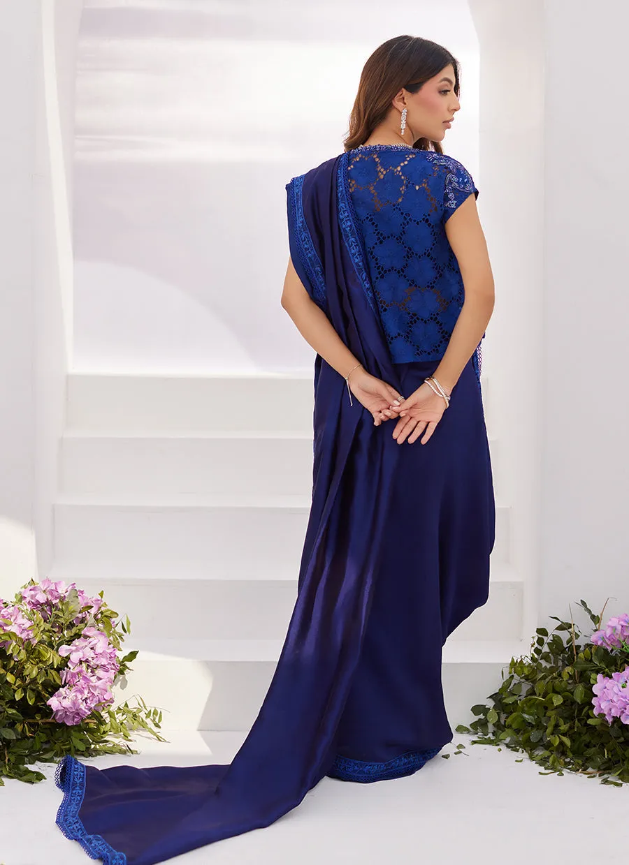 Ocean Navy Draped Saree with Cutwork Embellished Cape