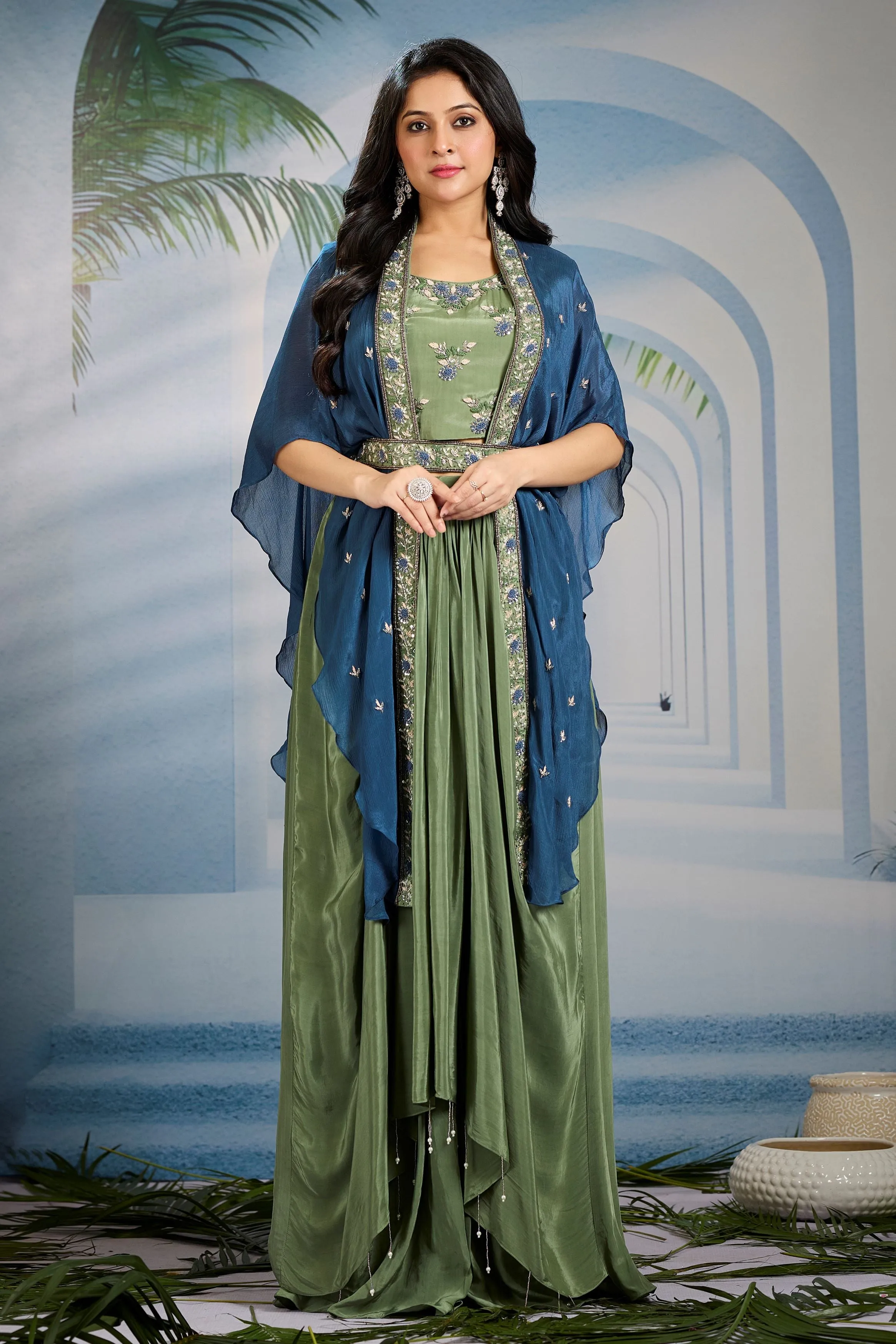 Olive Green Embellished Chinon Silk Cape Set