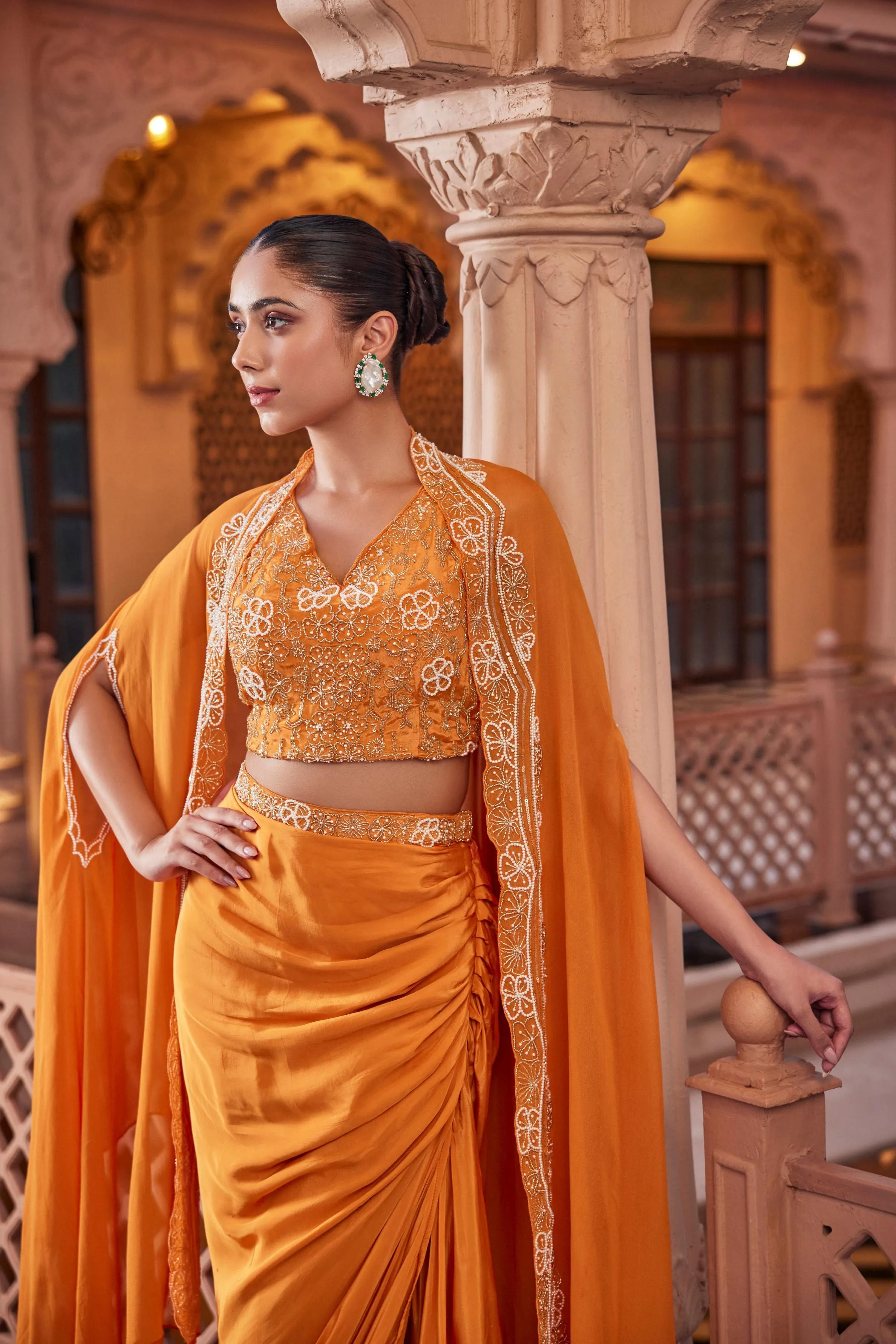 Orange Embellished Georgette Silk Cape Set