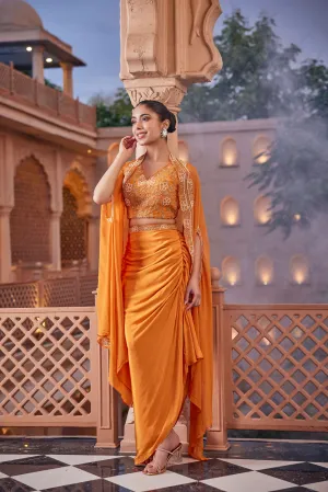 Orange Embellished Georgette Silk Cape Set