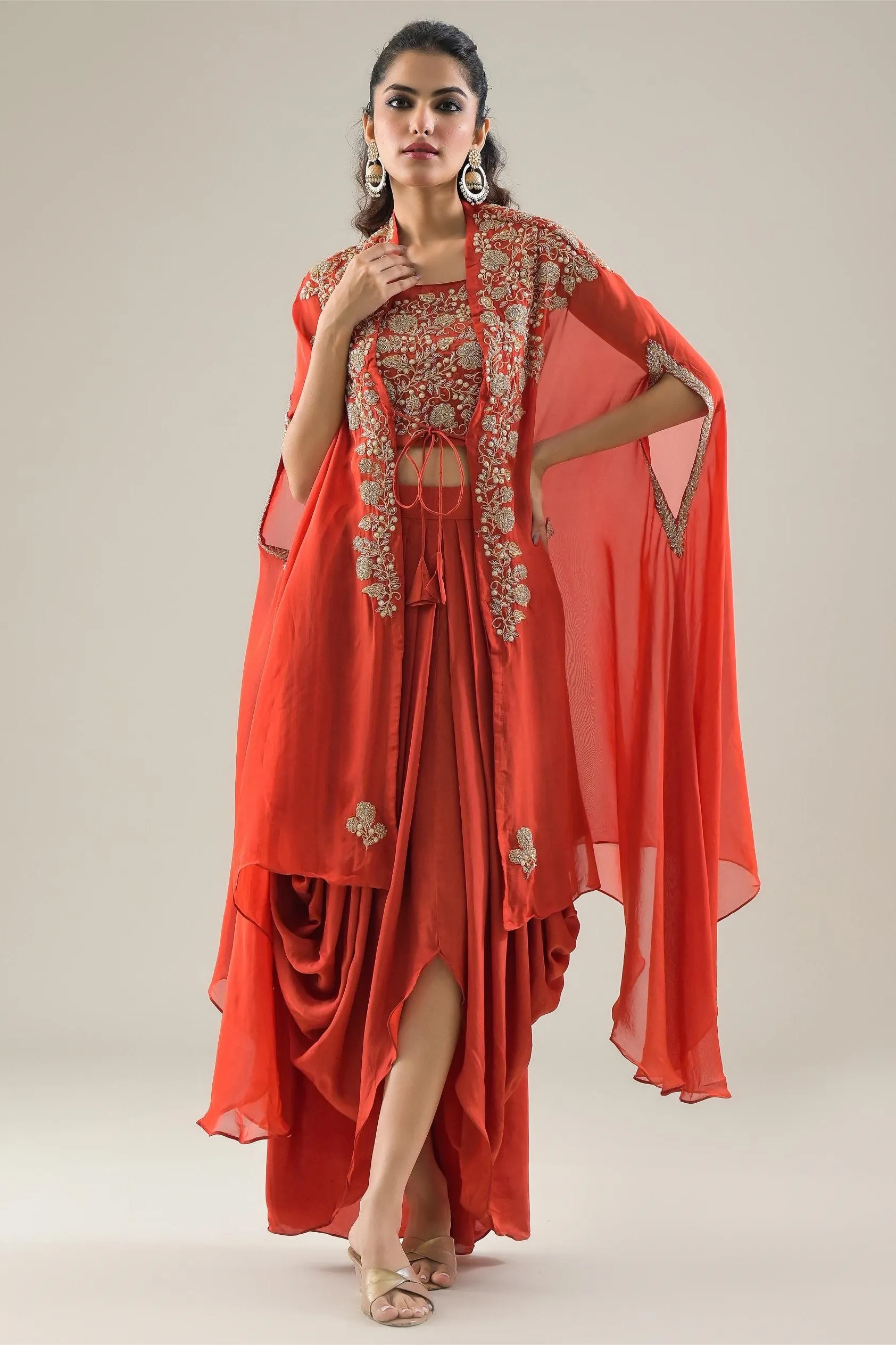 Orange Embroidered Organza Silk Cape Set