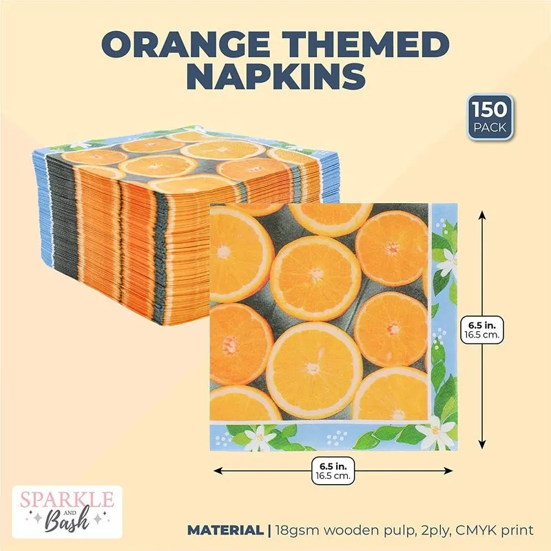 Orange Paper Napkins, Citrus Fruit Summer Party Decorations (6.5 In, 150 Pack)