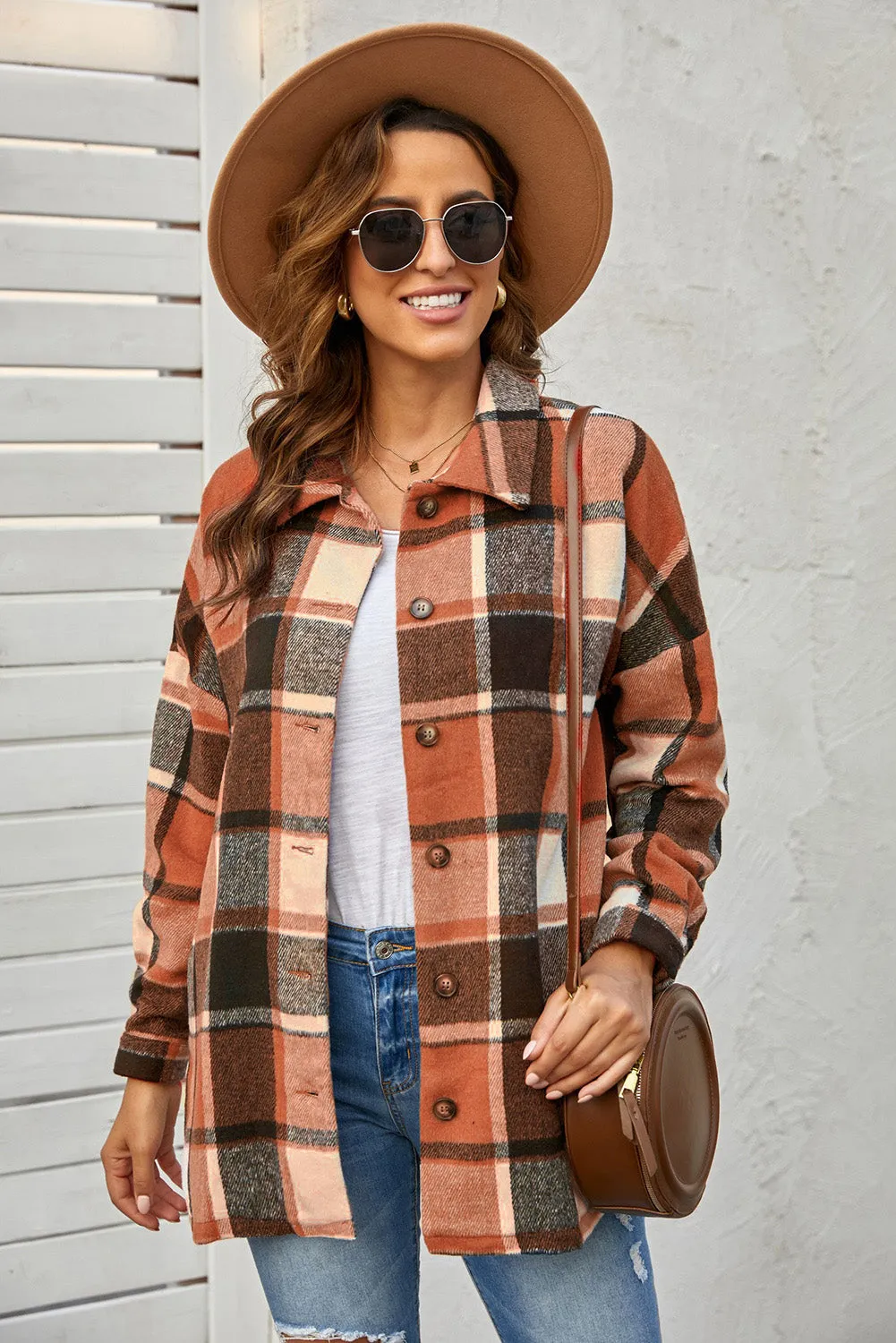 Orange Plaid Button Up Long Sleeve Flannel Shacket