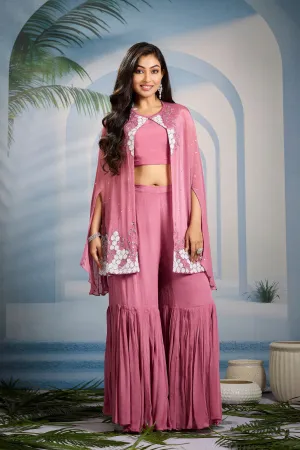 Pastel Pink Embellished Chinon Silk Cape Set