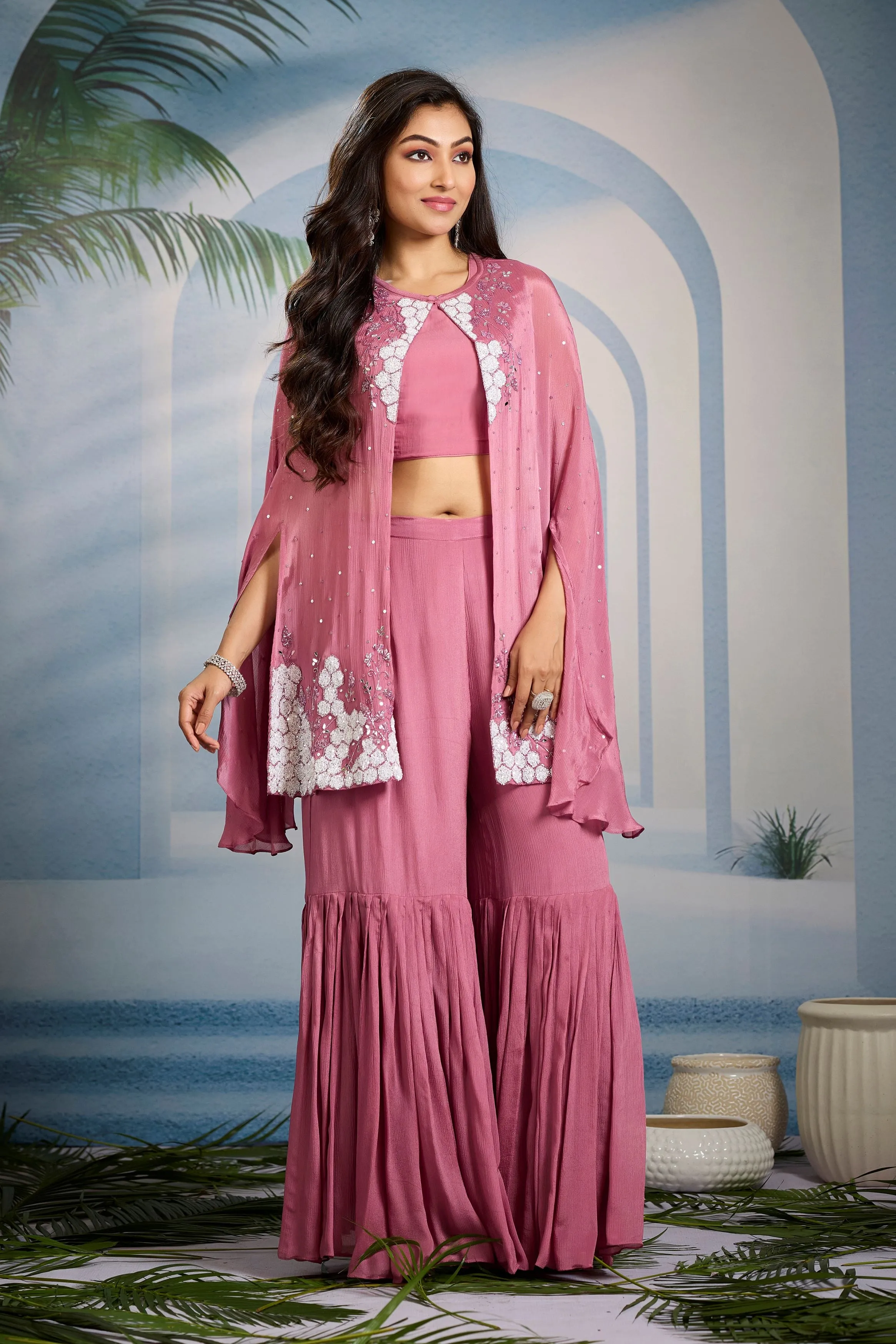 Pastel Pink Embellished Chinon Silk Cape Set