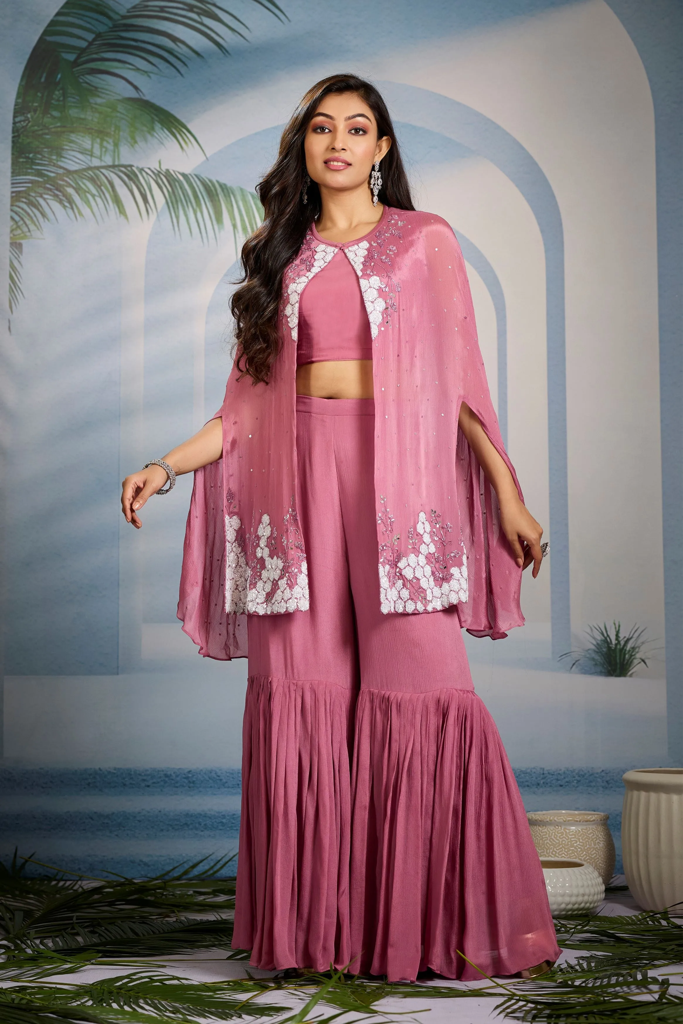 Pastel Pink Embellished Chinon Silk Cape Set