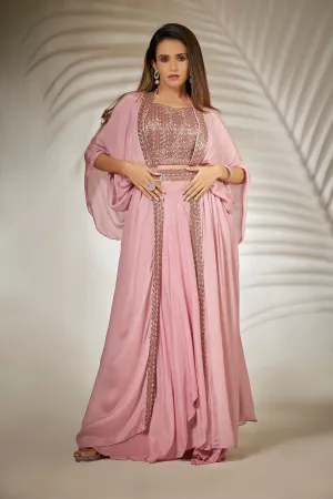 Pastel Pink Pure Chinnon Silk Plazzo Set with Cape