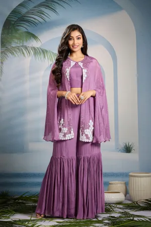 Pastel Purple Embellished Chinon Silk Cape Set