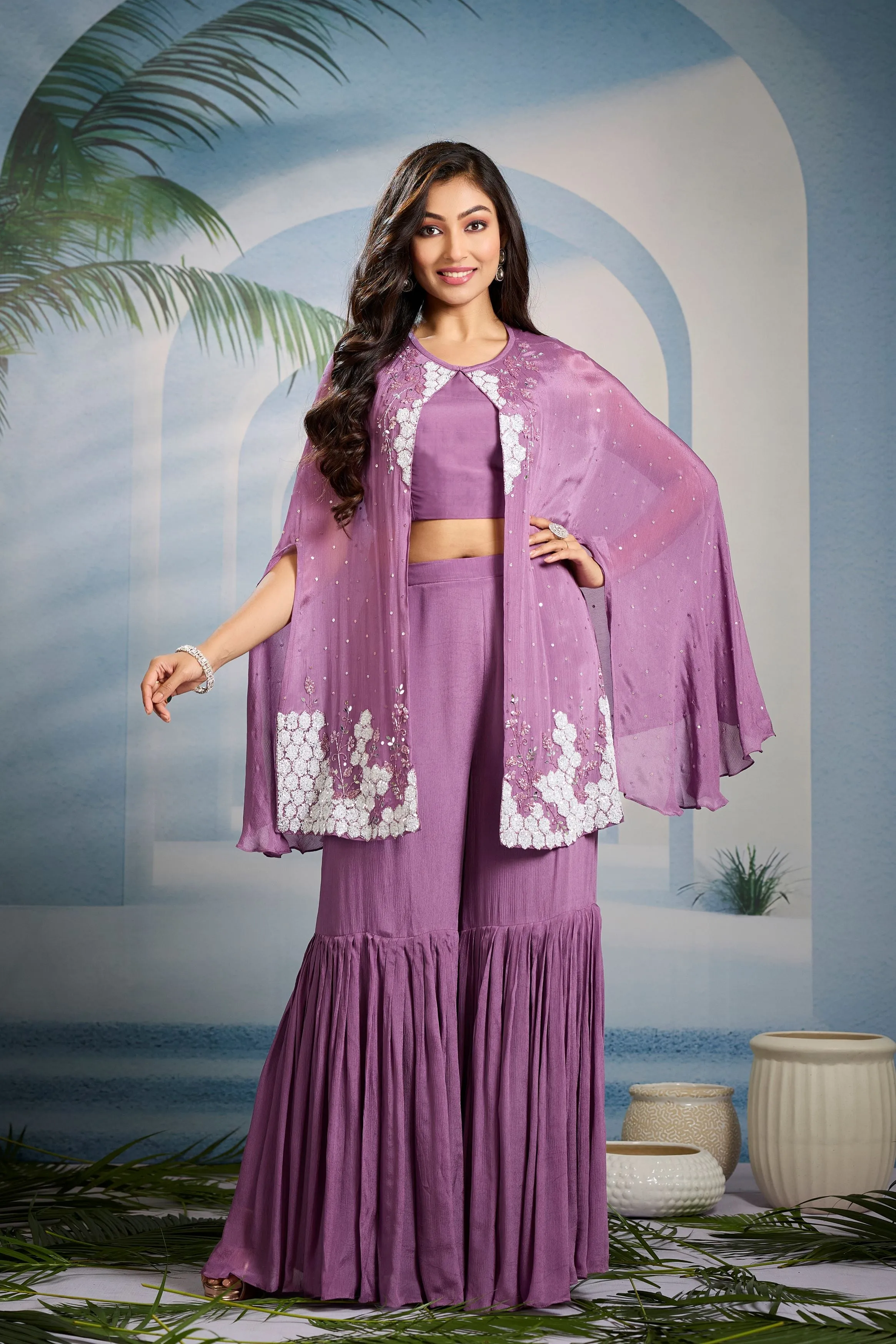 Pastel Purple Embellished Chinon Silk Cape Set