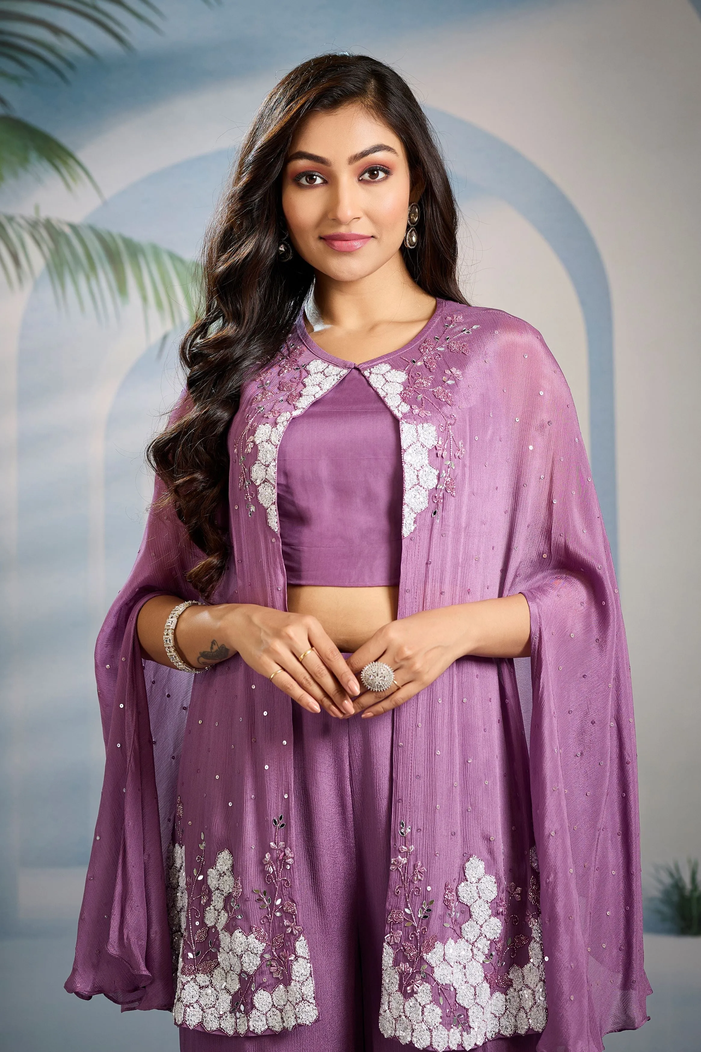 Pastel Purple Embellished Chinon Silk Cape Set