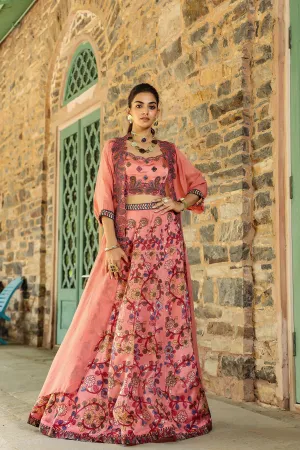 Peach Kalamkari Printed Organza Silk Cape Lehenga