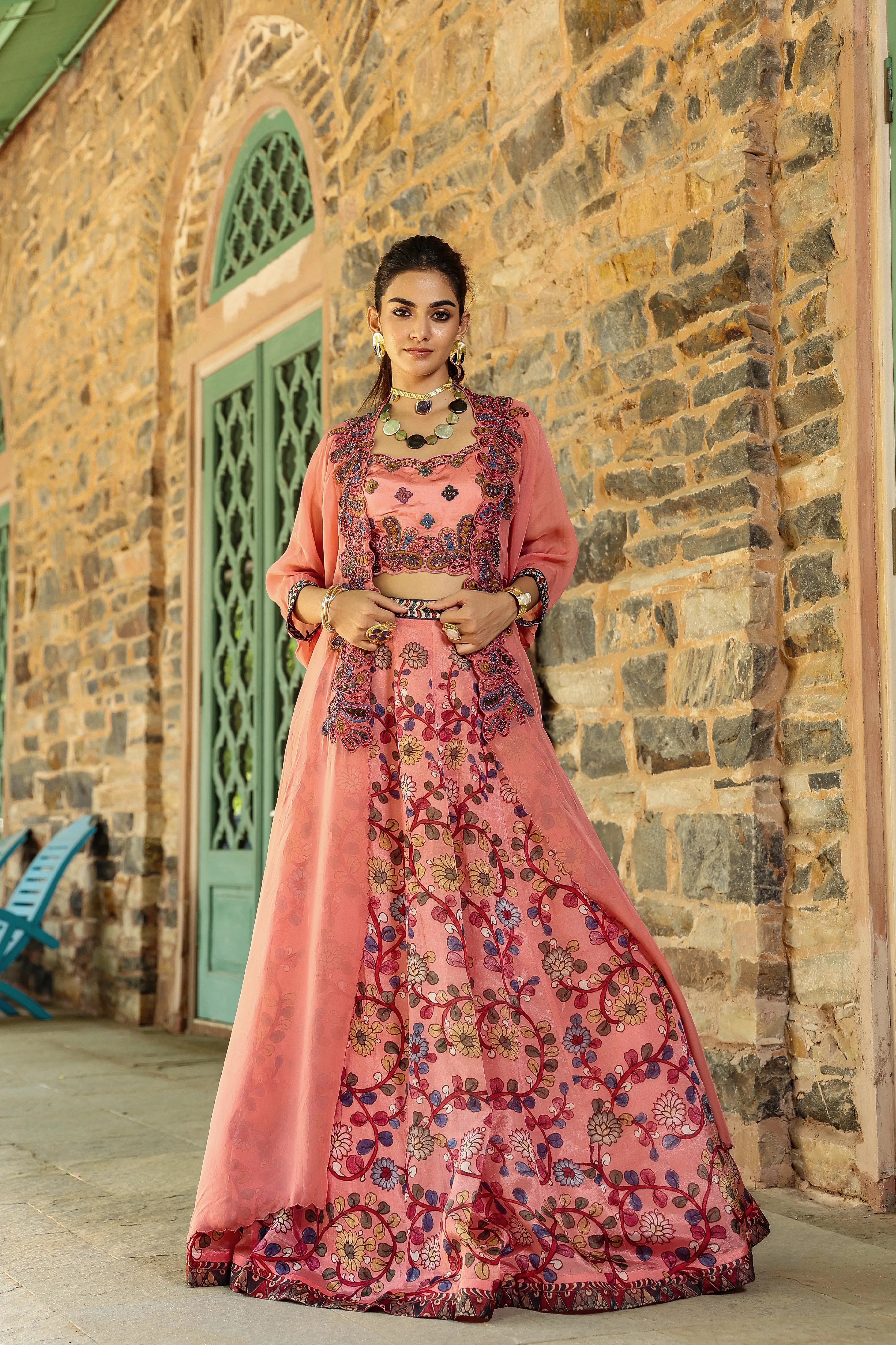 Peach Kalamkari Printed Organza Silk Cape Lehenga