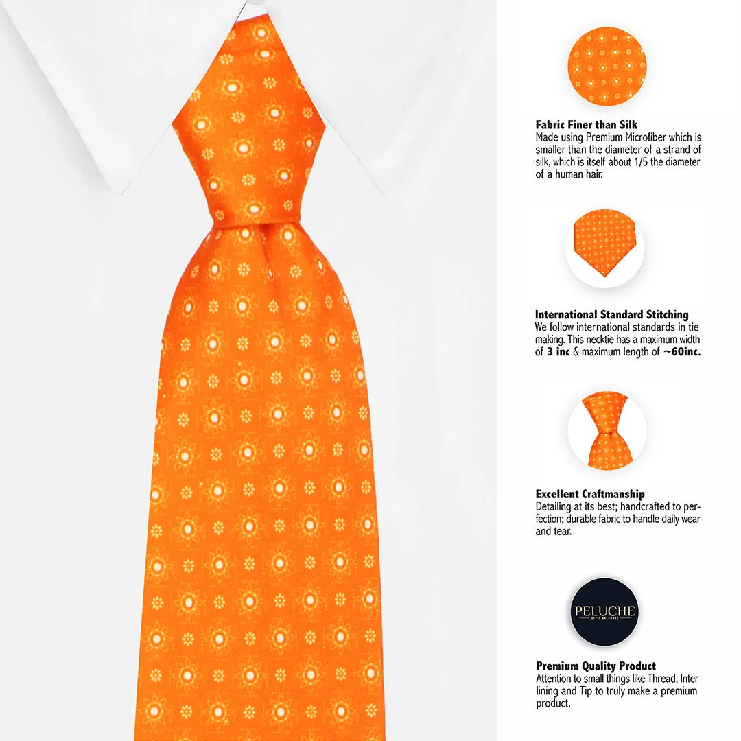 Peluche Mandarin Flora Orange Broad Neck Tie & Pocket Square Set for Men